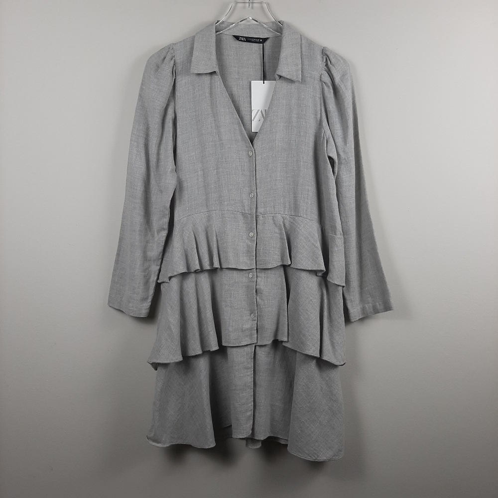 New Zara Tiered Ruffle Mini Dress Gray Size Medium